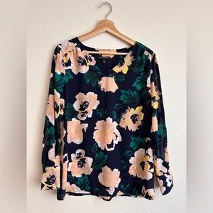 Banana Republic Long Slit Sleeves Blouse: Blue with Peach-Color Flower Print